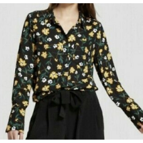 WHO What Wear Black Floral Button Down Blouse S Office Work Brunch - Picture 15 of 15